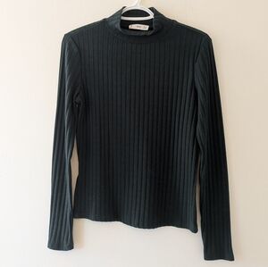 Mango Ribbed Mock Neck Long Sleeve Top in Dark Green